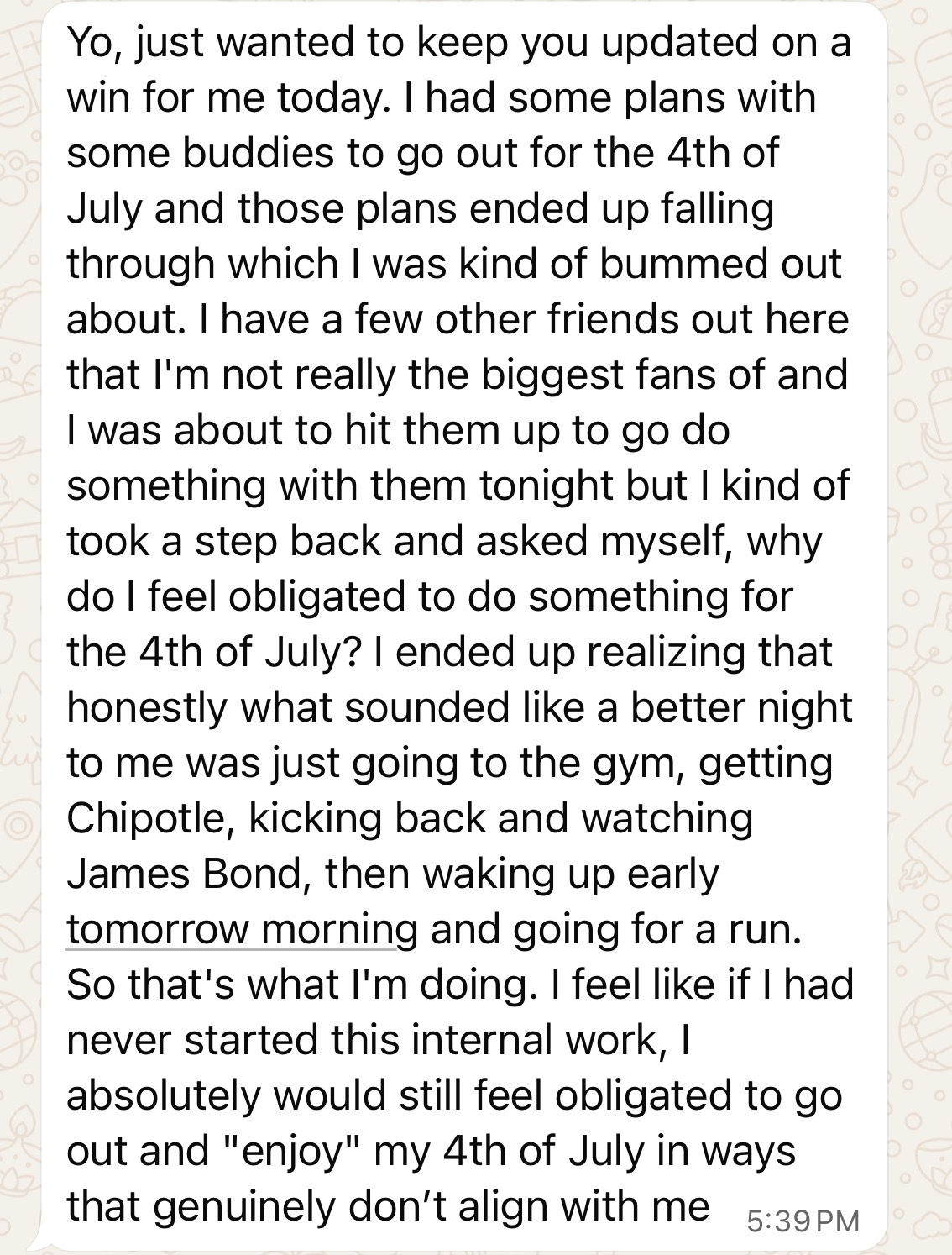 Client message about their results in the program