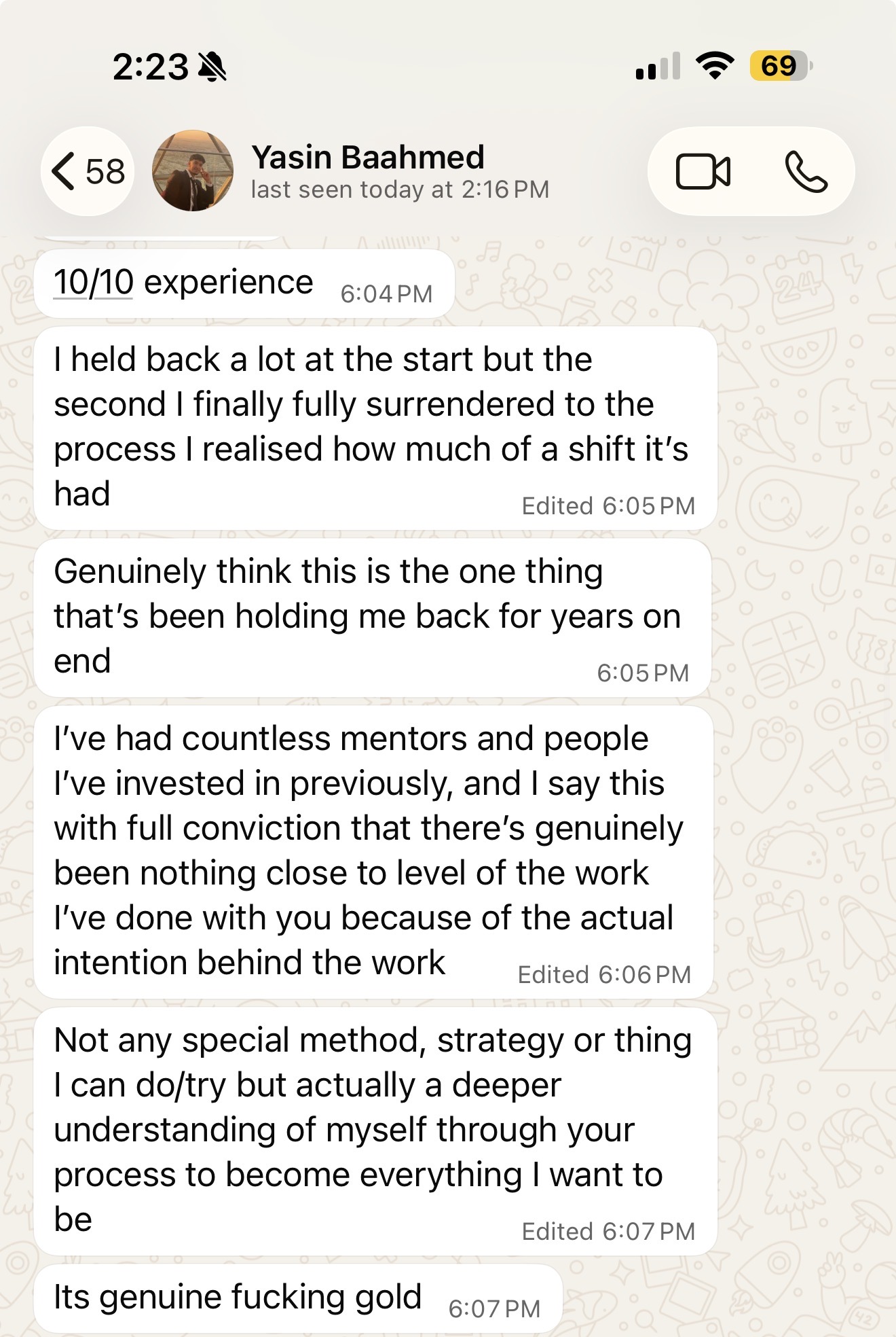 Client message about their results in the program